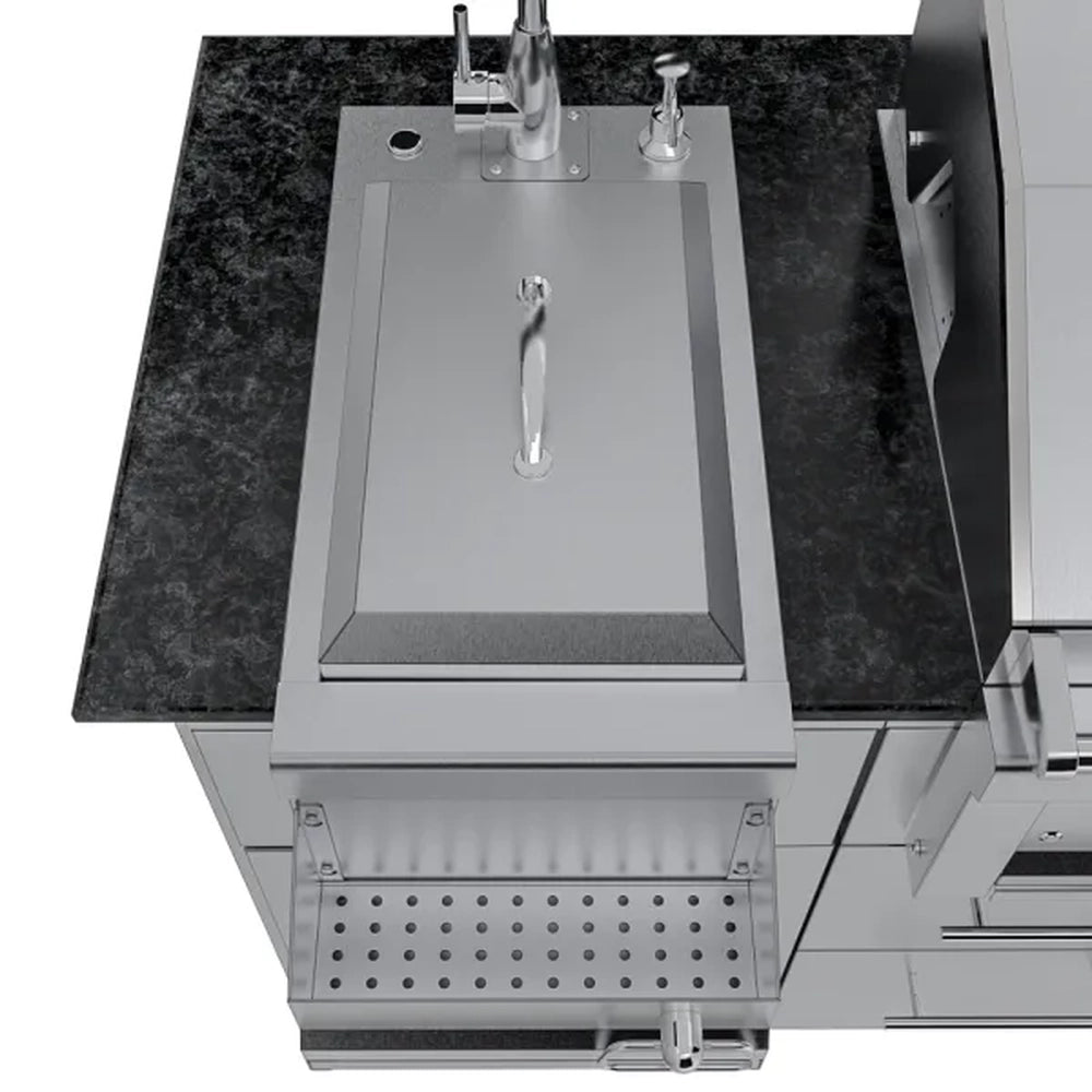 Over-the-shoulder view of the Sunstone Caprice outdoor sink station with a stainless steel cover lid, gooseneck faucet, and integrated soap dispenser.