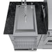 Over-the-shoulder view of the Sunstone Caprice outdoor sink station with a stainless steel cover lid, gooseneck faucet, and integrated soap dispenser.