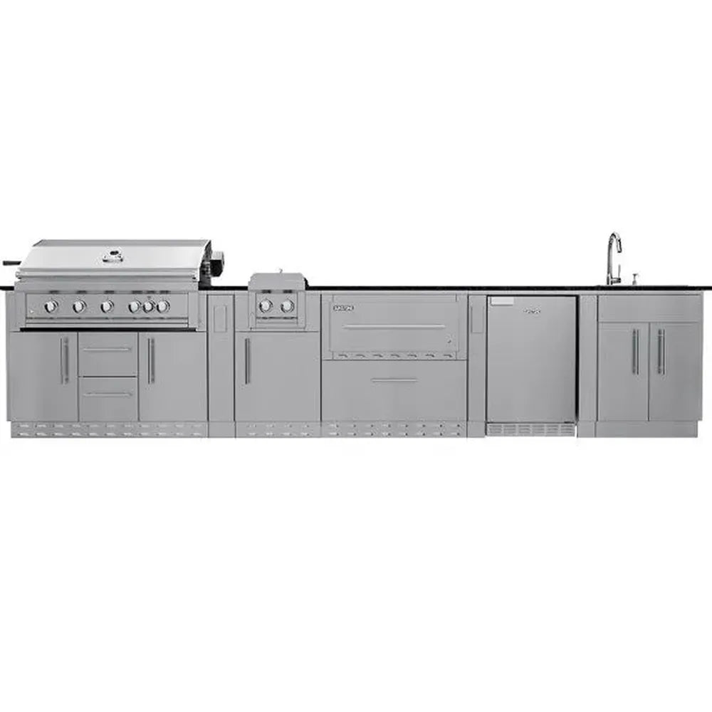 Sunstone SCPFRENCHQUARTER13.7 French Quarter Island full straight-on lineup showing grill, side burner, warming drawer cabinet, built-in fridge, and sink.