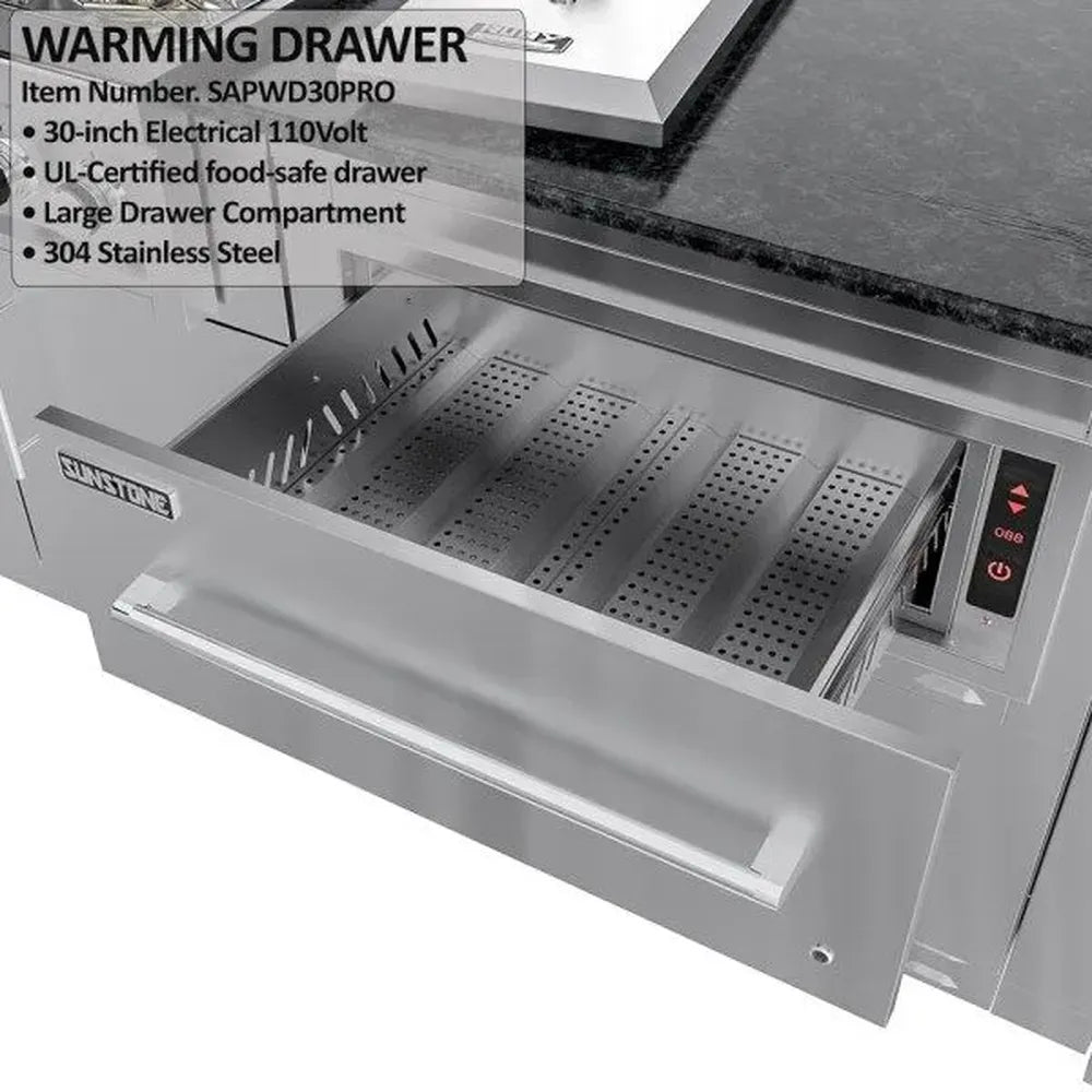 Sunstone SCPFRENCHQUARTER13.7 French Quarter Island warming drawer open showing stainless interior and digital controls (30-inch electric warming drawer).