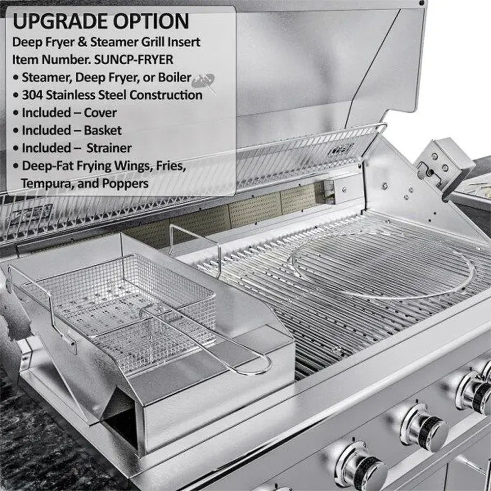 Sunstone SCPFRENCHQUARTER13.7 French Quarter Island grill upgrade option with deep fryer & steamer insert basket installed in stainless gas grill.