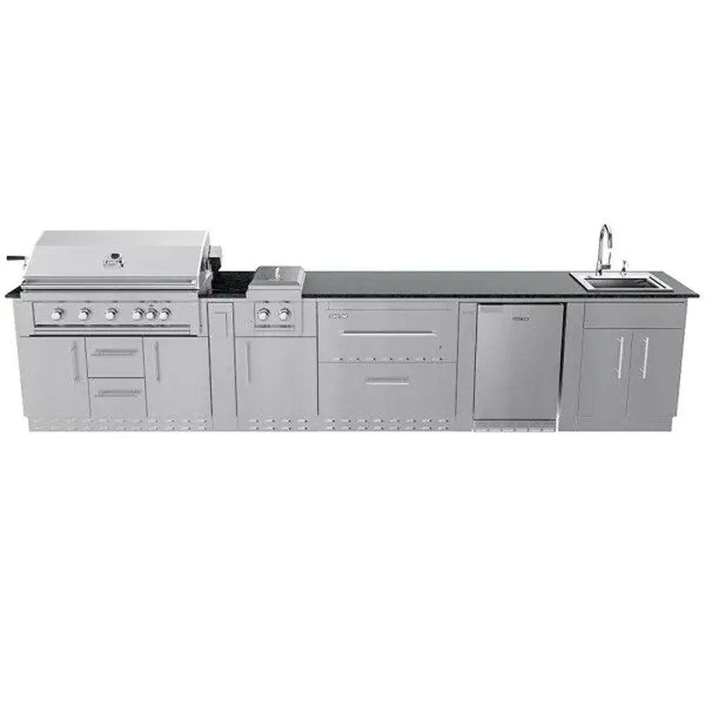 Sunstone SCPFRENCHQUARTER13.7 French Quarter Island angled front view with stainless grill, side burner, warming drawer cabinet, fridge, and sink on granite top.