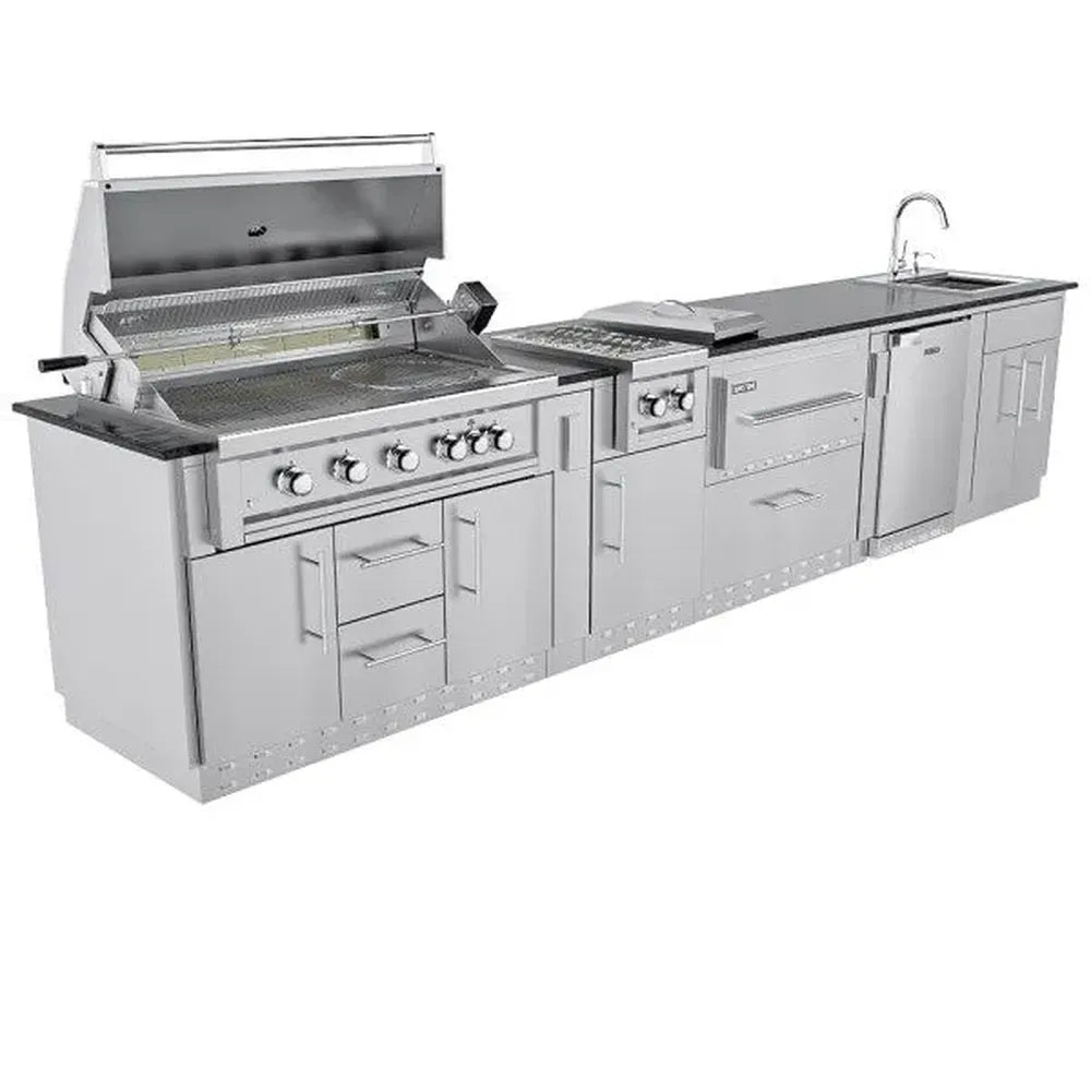 Sunstone SCPFRENCHQUARTER13.7 French Quarter Island outdoor kitchen with stainless grill, side burner, warming drawers, fridge, and sink on black granite.