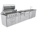 Sunstone SCPFRENCHQUARTER13.7 French Quarter Island outdoor kitchen with stainless grill, side burner, warming drawers, fridge, and sink on black granite.