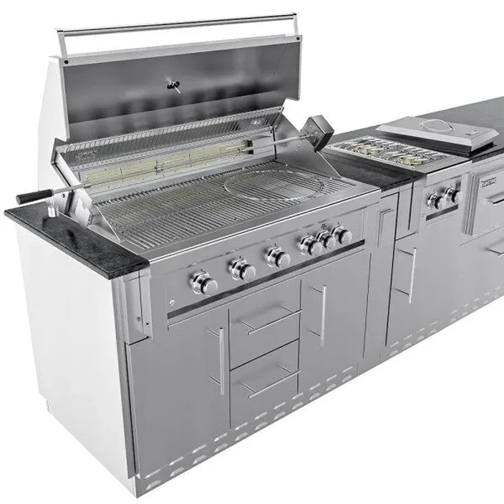 Sunstone SCPFRENCHQUARTER13.7 French Quarter Island close-up of built-in stainless gas grill with control knobs and adjacent double side burner.