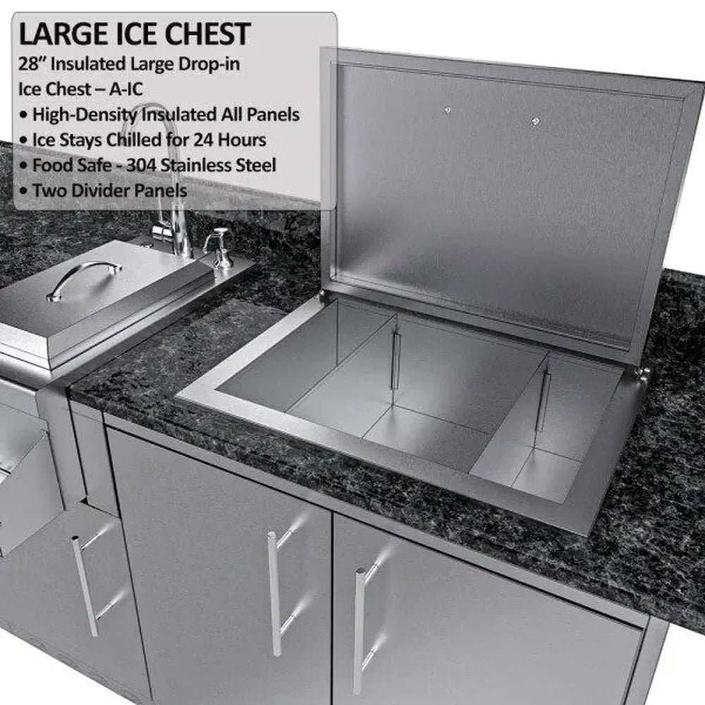 Sunstone SCPGALLEY10.8 Galley island large insulated drop-in ice chest open, showing stainless interior and divider panels in granite counter.
