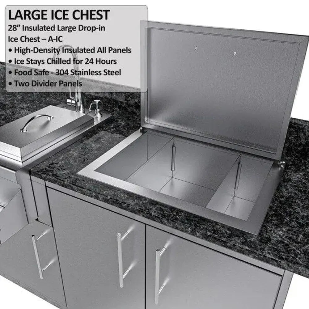 Sunstone SCPFRENCHQUARTER13.7 French Quarter Island 28-inch insulated drop-in ice chest open in granite countertop (large ice chest detail).