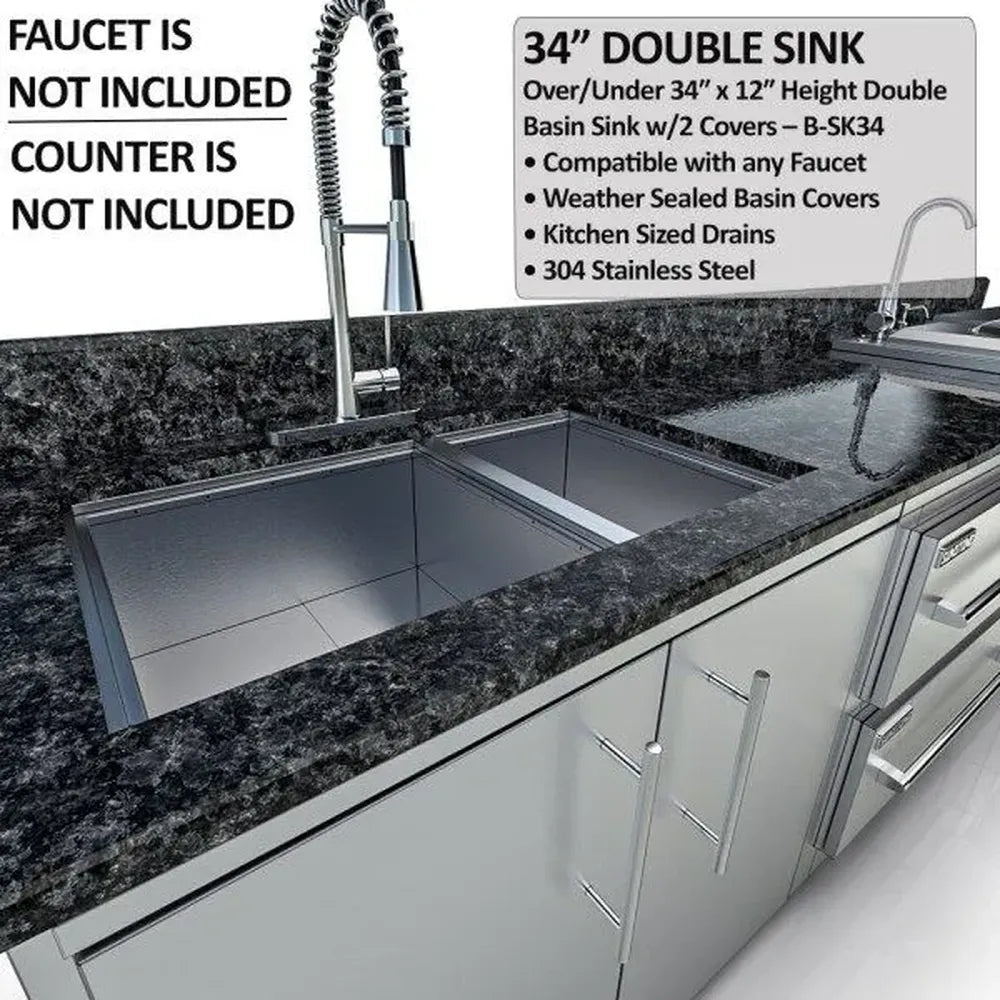 Sunstone SCPGALLEY10.8 Galley island close-up of 34-inch double basin stainless sink cutout in granite counter (faucet and counter not included).