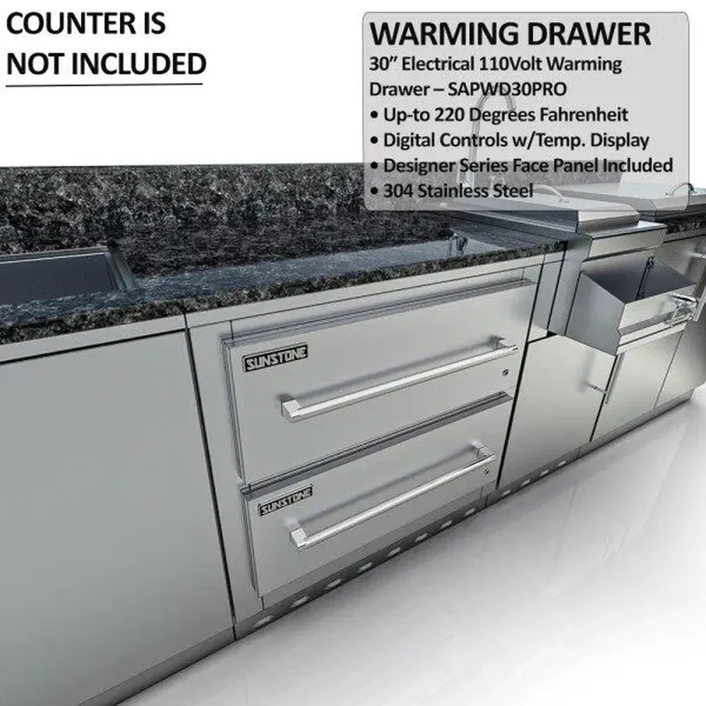 Sunstone SCPGALLEY10.8 Galley island showing 30-inch electric warming drawer module with stainless handles under granite countertop.