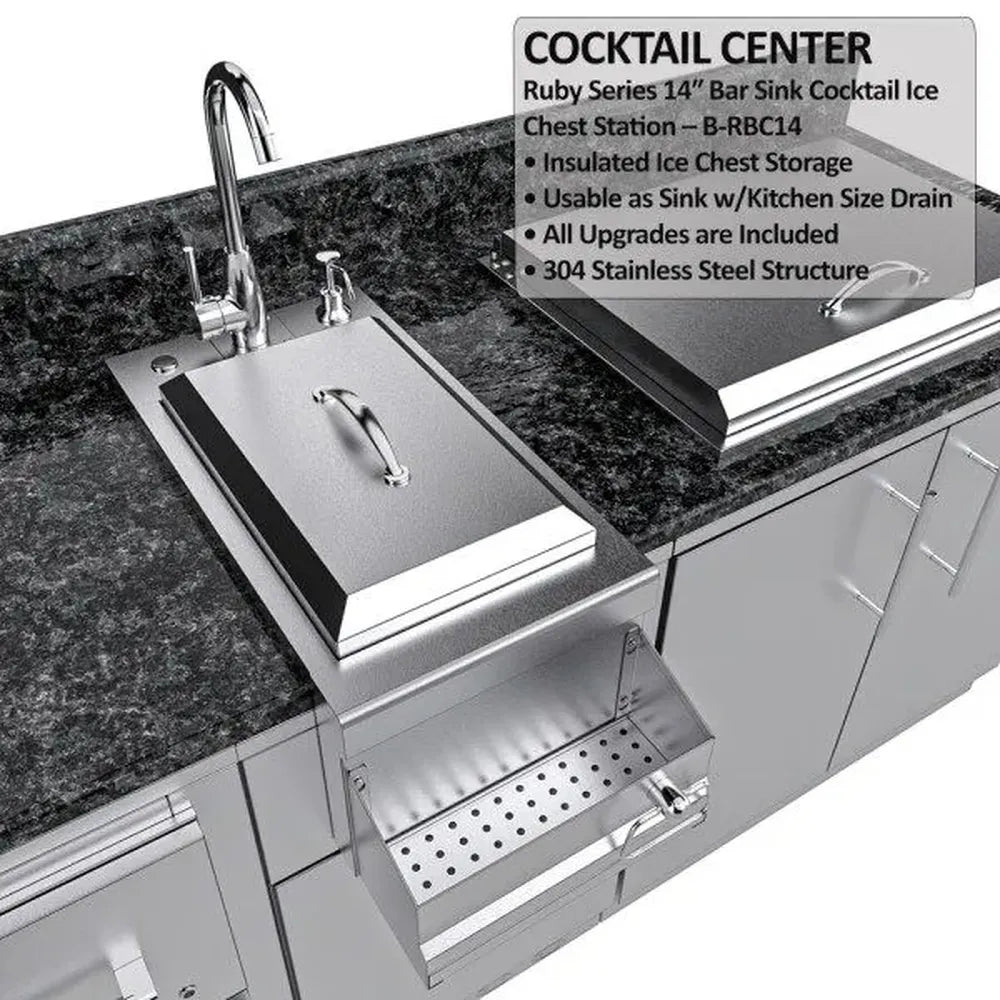 Sunstone SCPGALLEY10.8 Galley island cocktail center close-up with 14-inch bar sink and insulated ice chest station under granite counter.