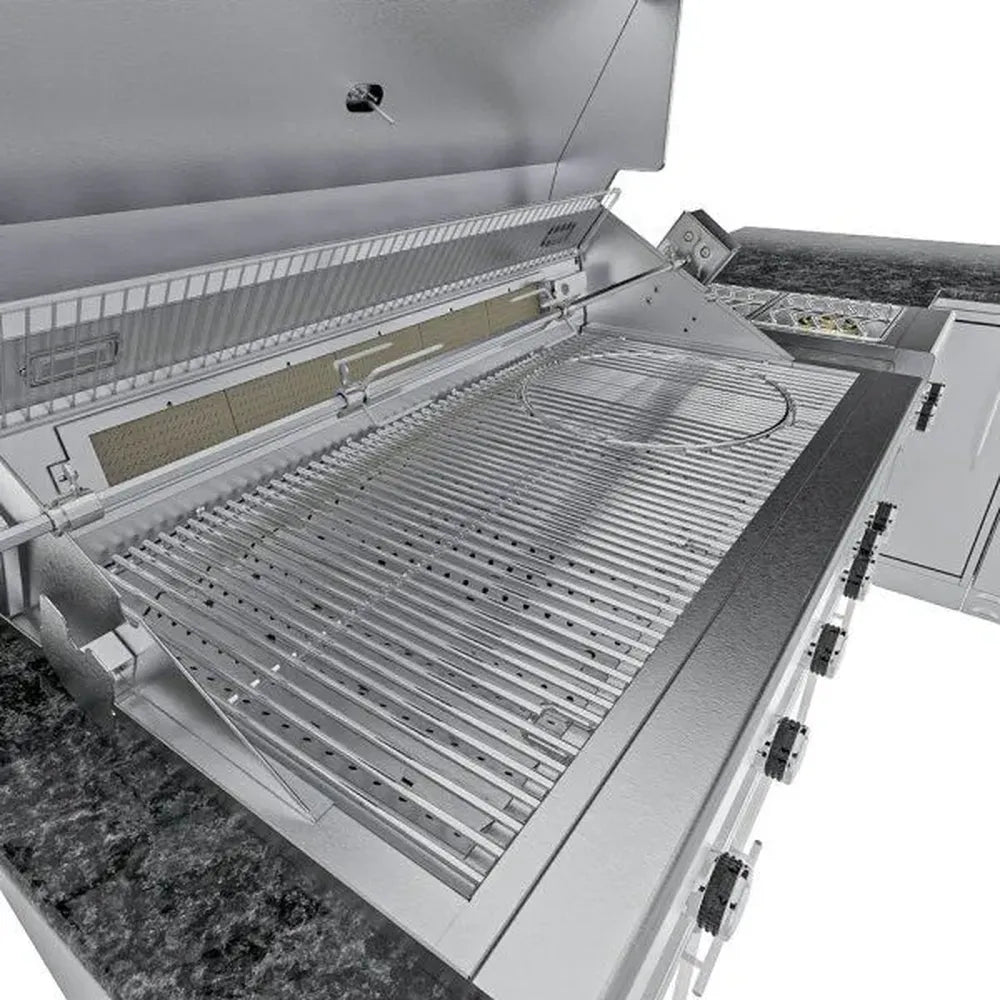 Interior grill close-up on Sunstone SCPRANCHER8.10BY11 Rancher island showing stainless cooking grates and rotisserie spit.