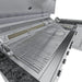 Interior grill close-up on Sunstone SCPRANCHER8.10BY11 Rancher island showing stainless cooking grates and rotisserie spit.
