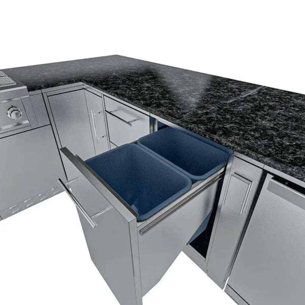 Sunstone Rancher L-shaped outdoor kitchen island (SCPRANCHER8.10BY11) showing pull-out trash/recycle drawer under granite countertop.