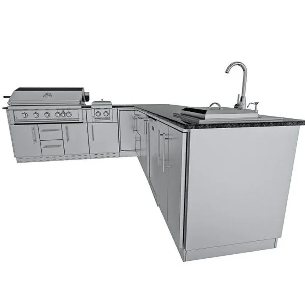 Alternate angle of Sunstone Rancher L-shaped island (SCPRANCHER8.10BY11) highlighting sink end cabinet, doors, and granite countertop.