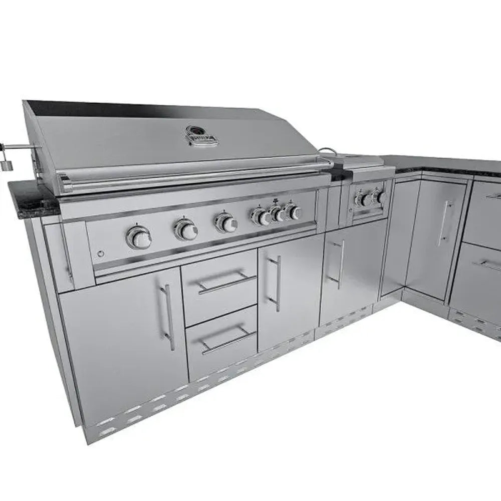 Close-up of Sunstone Rancher L-shaped island grill area (SCPRANCHER8.10BY11) with stainless control knobs, drawers, and side burner.