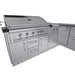 Close-up of Sunstone Rancher L-shaped island grill area (SCPRANCHER8.10BY11) with stainless control knobs, drawers, and side burner.