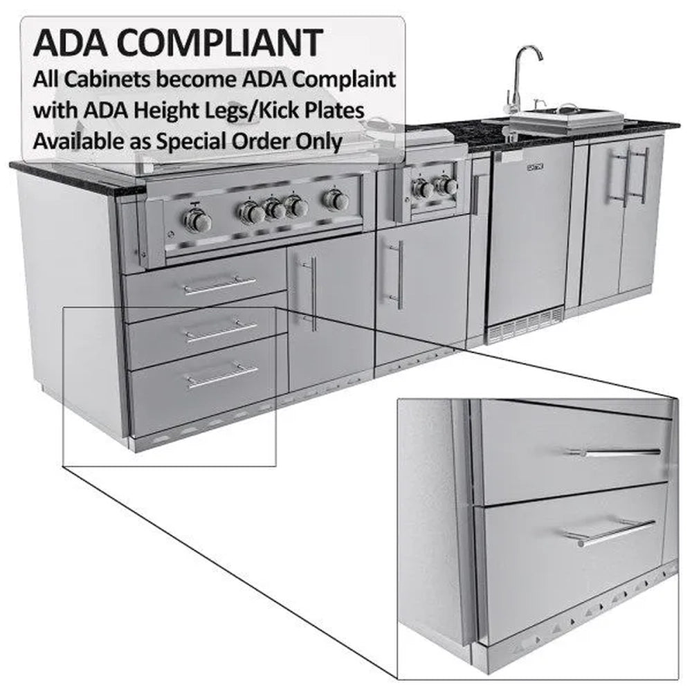 Full-length view of the Sunstone Caprice grill island demonstrating ADA compliance with special order height-adjustable legs and kick plates.