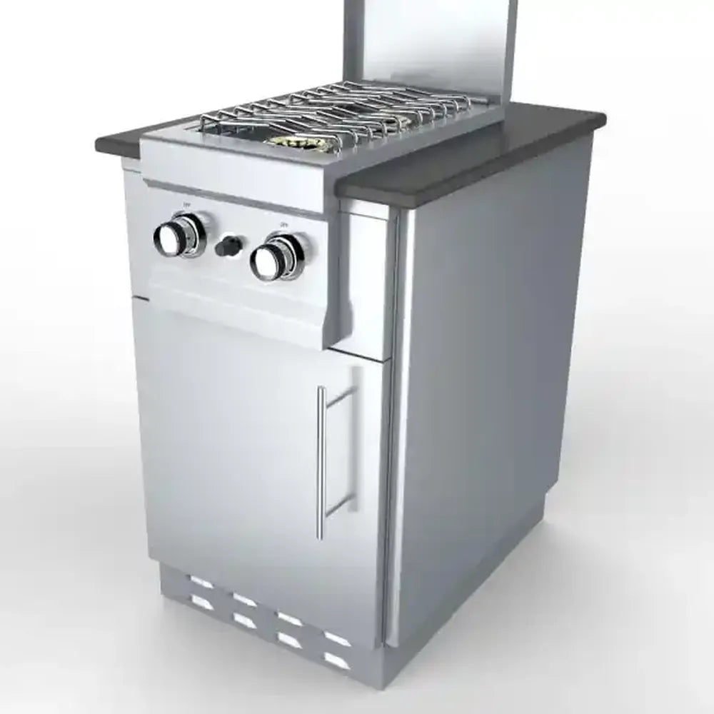 Sunstone SAC20CSDL 20" left-door appliance cabinet shown with built-in side burner on countertop, stainless outdoor kitchen storage base.