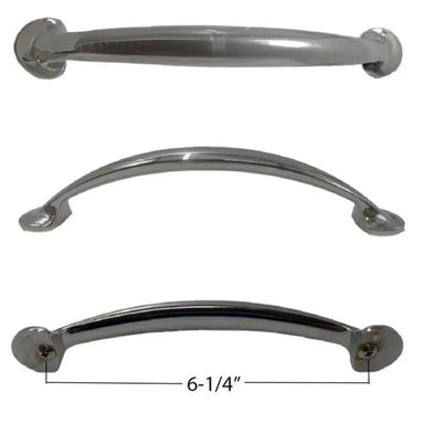 Sunstone P-Handle classic series door and drawer handle, polished stainless pull with 6-1/4 inch center-to-center mounting holes, shown in multiple angles.