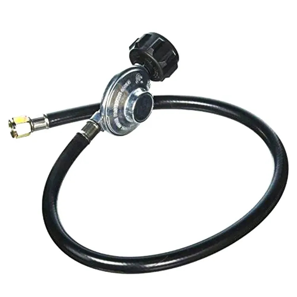 Sunstone LP-Reg 19-inch propane regulator with 3/8-inch hose, black gas hose and regulator assembly with tank connector on white background.