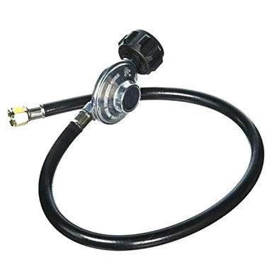 Sunstone LP-Reg 19-inch propane regulator with 3/8-inch hose, black gas hose and regulator assembly with tank connector on white background.