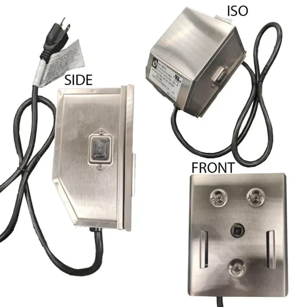 Sunstone P-RMotor grill rotisserie motor replacement, stainless motor housing with power cord, shown in side, front, and angled views on white background.