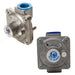 Sunstone NG-Reg natural gas regulator, 120,000 BTU capacity, shown from two angles with blue inlet cap and adjustment knob on white background.