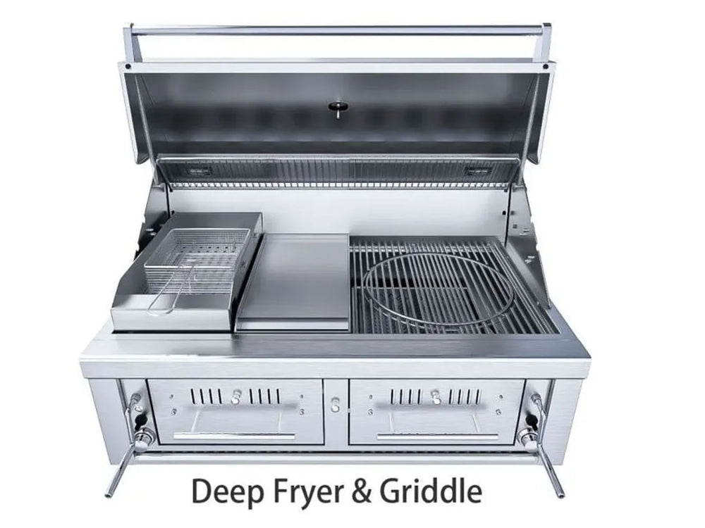 Sunstone EMCHDZ42 feature diagram showing 30,000 BTU burners and dual warming racks
