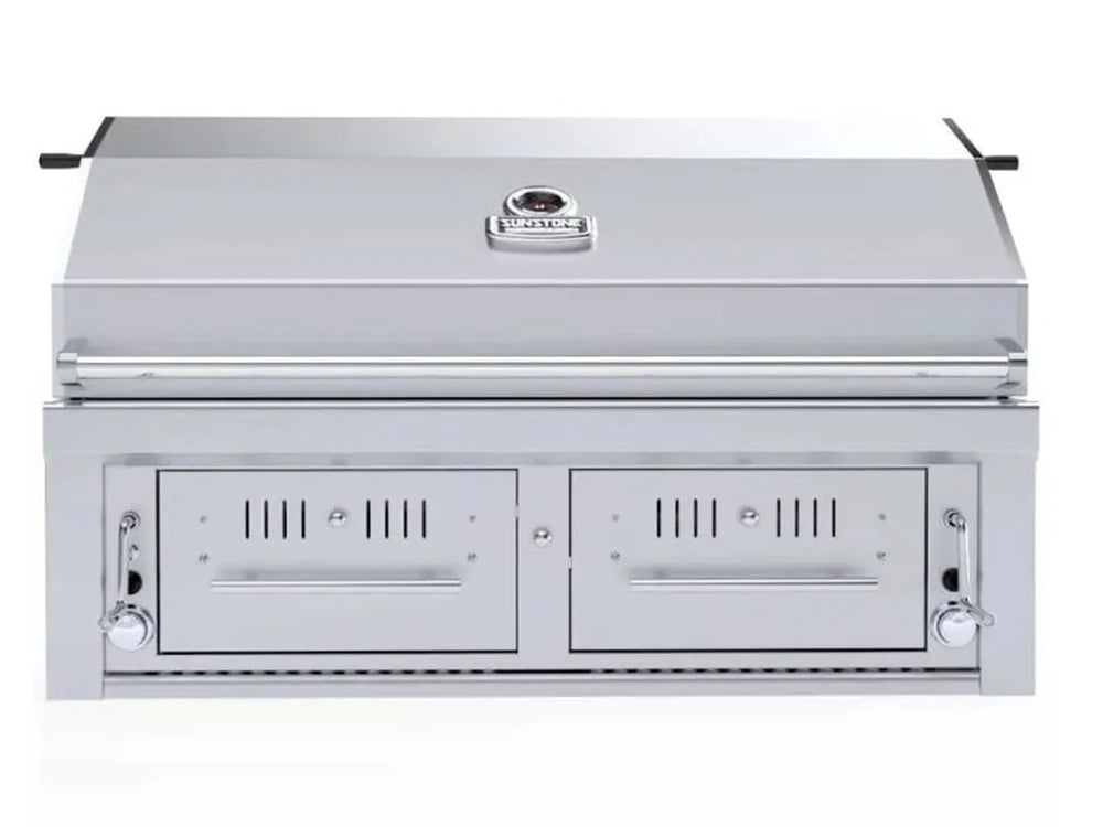 Sunstone EMCHDZ42 42" built-in gas and charcoal grill closed hood stainless steel front view