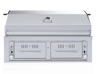 Sunstone EMCHDZ42 42" built-in gas and charcoal grill closed hood stainless steel front view