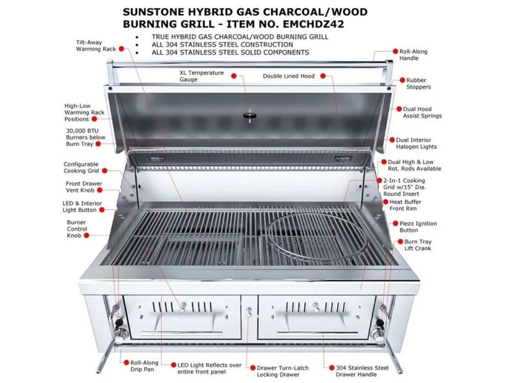 Sunstone EMCHDZ42 removable ash drawer and charcoal tray system for easy maintenance