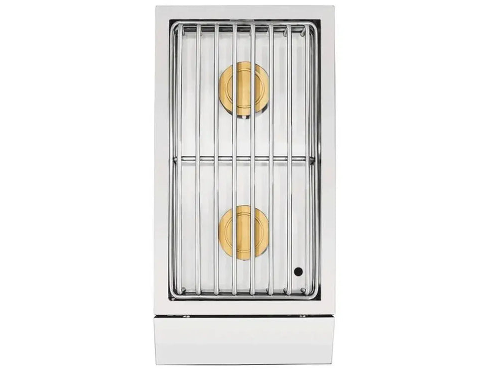 Top view of two brass burners and professional stainless steel grates on the ENCSB2 double burner