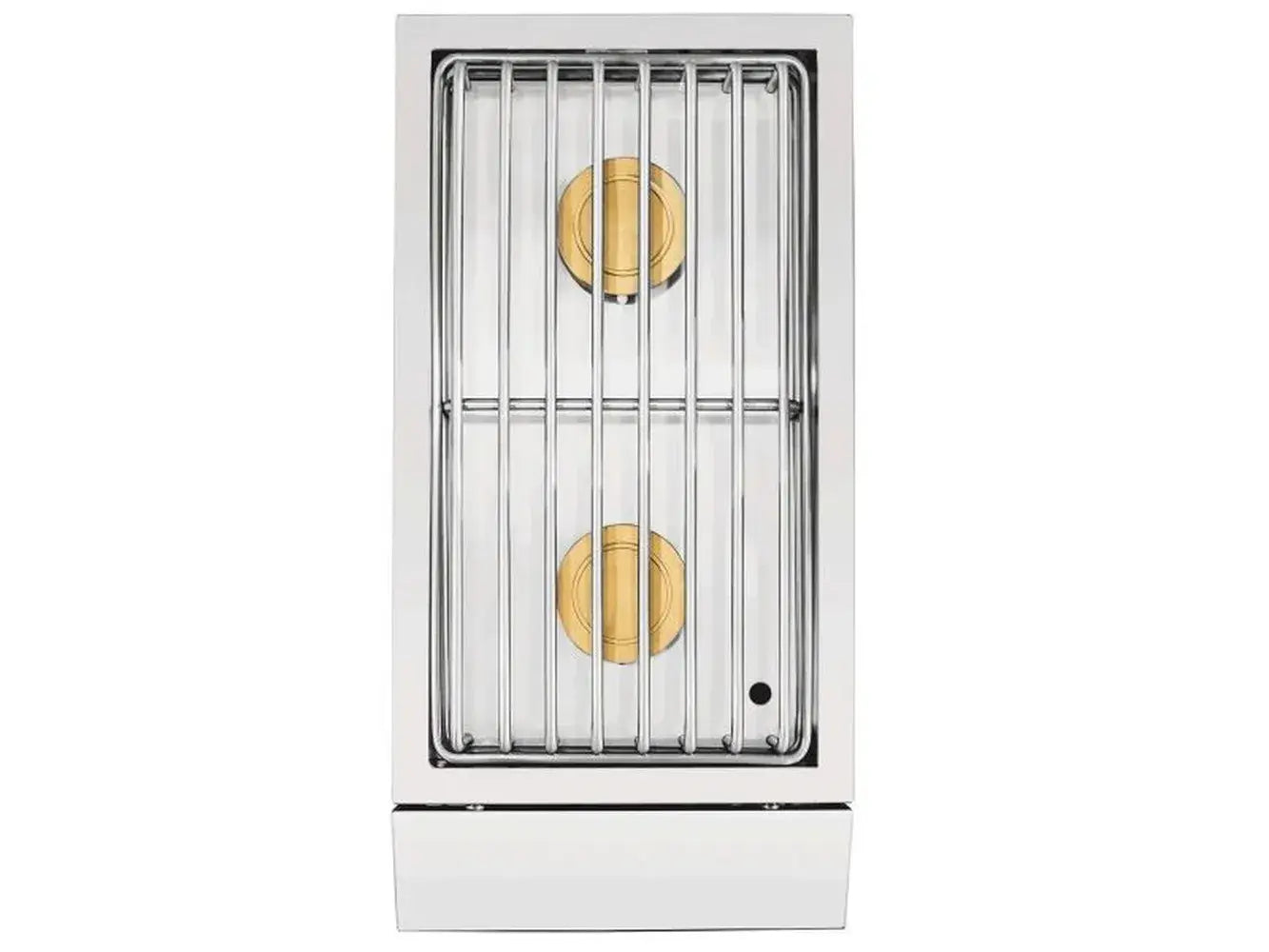 Top view of two brass burners and professional stainless steel grates on the ENCSB2 double burner
