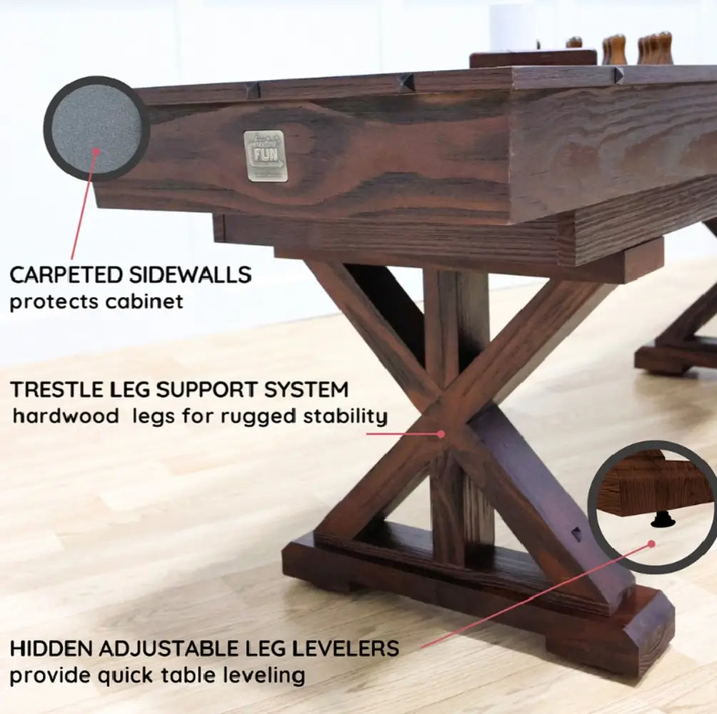 Infographic comparing the high-quality solid wood and butcher block maple construction of the Freetime Fun Rockford shuffleboard table against standard MDF, veneer, and single-piece boards.