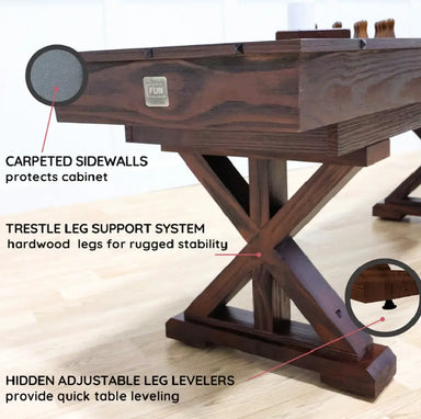 Infographic comparing the high-quality solid wood and butcher block maple construction of the Freetime Fun Rockford shuffleboard table against standard MDF, veneer, and single-piece boards.