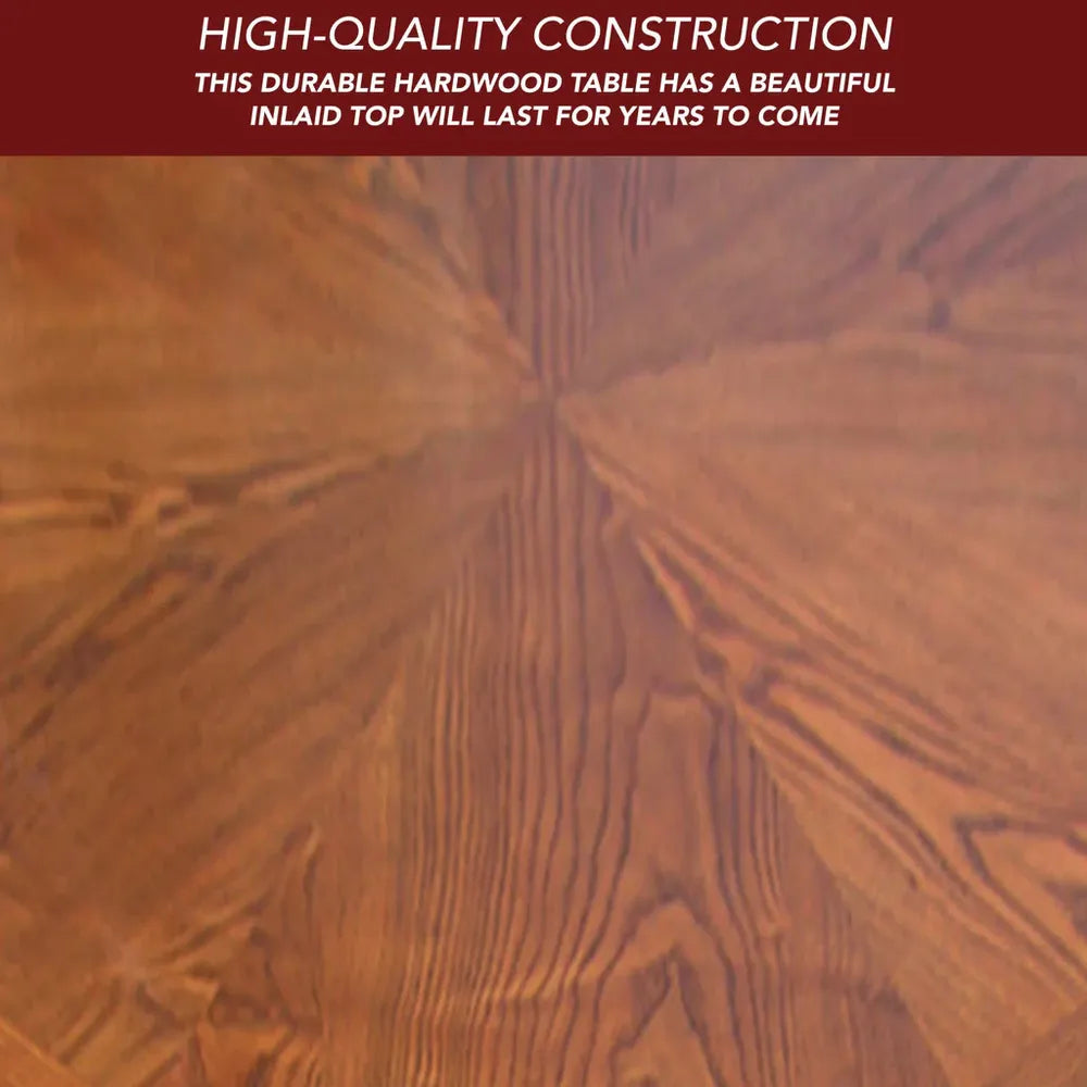 Close-up of a high-quality hardwood octagonal table top featuring a beautiful inlaid sunburst wood grain pattern.