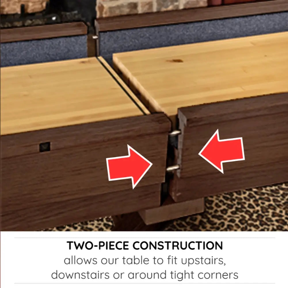 Freetime Fun Rockford Espresso 14-foot shuffleboard table shown with an optional multi-functional wooden dining top cover and a shuffleboard bowling pin game accessory pack.