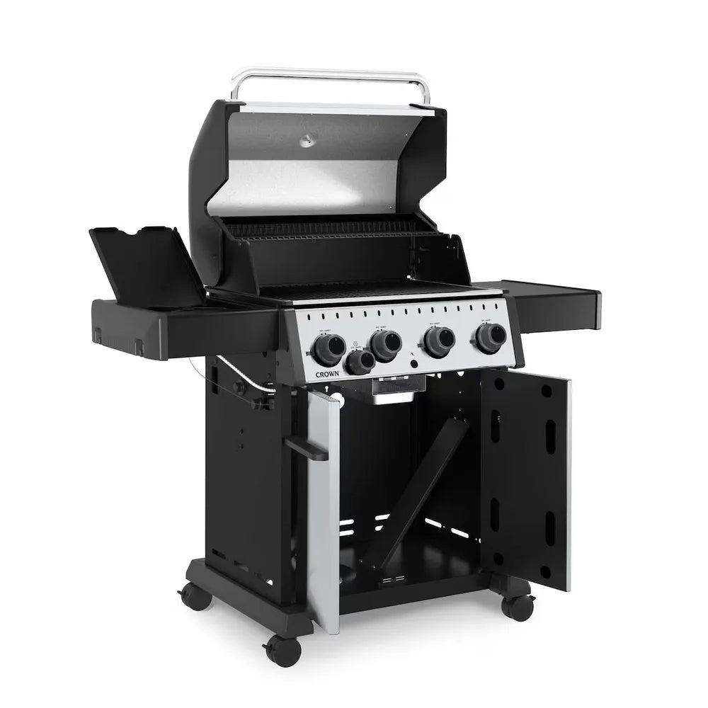 Broil King Crown S 440 grill with side burner, open cabinet