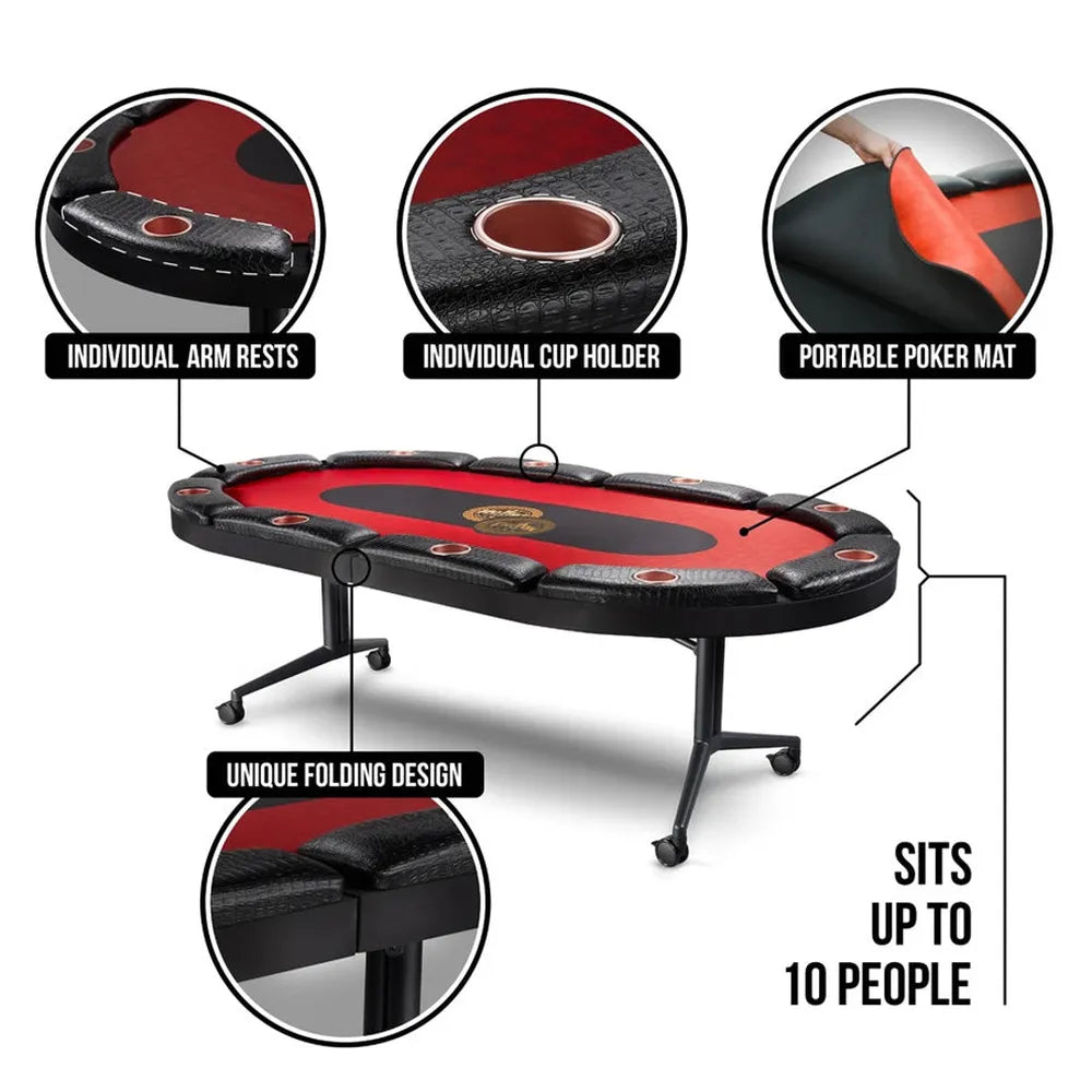Triton 10 player poker table with red portable mat, padded armrests, cup holders, folding design, and seating for up to 10 people.
