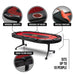 Triton 10 player poker table with red portable mat, padded armrests, cup holders, folding design, and seating for up to 10 people.