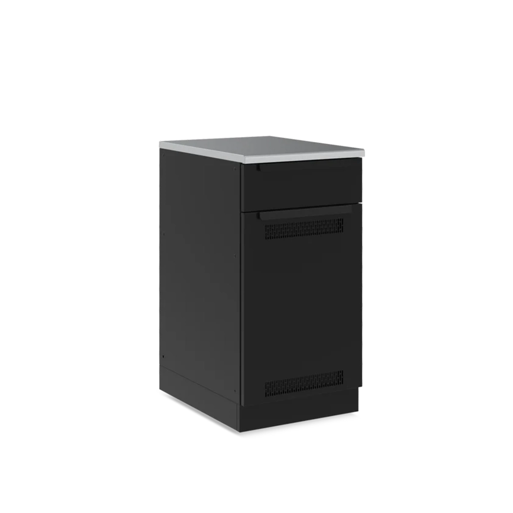 Broil King 811610 Baron tank cabinet storage base angled view with black vented door and stainless top.