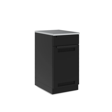 Broil King 811610 Baron tank cabinet storage base angled view with black vented door and stainless top.