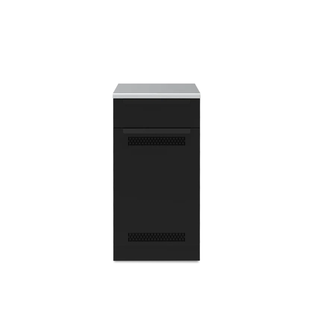 Broil King 811610 Baron tank cabinet storage base front view with black vented door and stainless top.