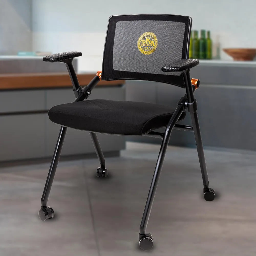 Triton poker chair with mesh back, padded armrests, rolling wheels, and cushioned seat in a modern room setting.