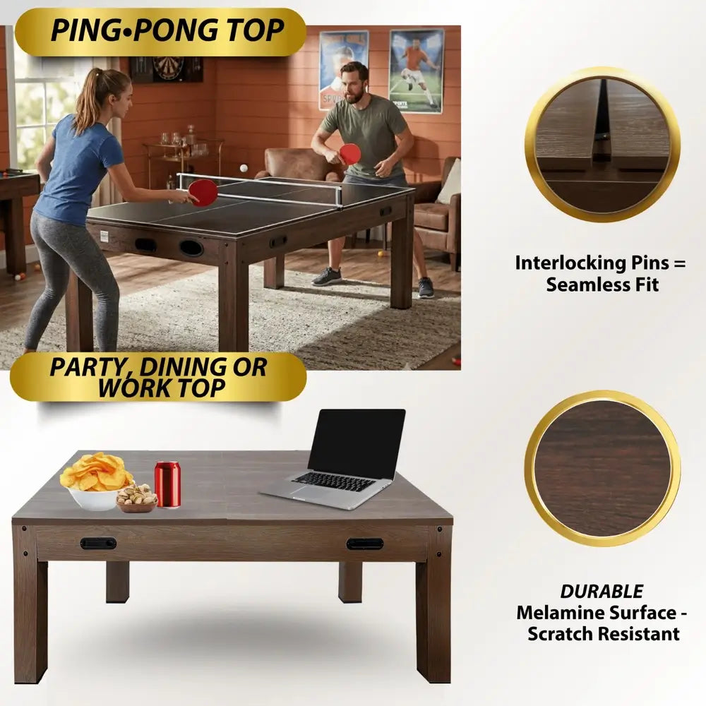 Infographic of the Freetime Fun Transformer 7' 4-in-1 Game Table highlighting key features: a couple playing table tennis on the ping-pong top, a functional espresso dining and work top with a laptop, interlocking pins for a seamless fit, and a scratch-resistant durable melamine surface.