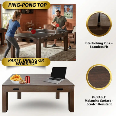 Infographic of the Freetime Fun Transformer 7' 4-in-1 Game Table highlighting key features: a couple playing table tennis on the ping-pong top, a functional espresso dining and work top with a laptop, interlocking pins for a seamless fit, and a scratch-resistant durable melamine surface.