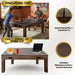 Infographic of the Freetime Fun Transformer 7' 4-in-1 Game Table highlighting key features: a couple playing table tennis on the ping-pong top, a functional espresso dining and work top with a laptop, interlocking pins for a seamless fit, and a scratch-resistant durable melamine surface.