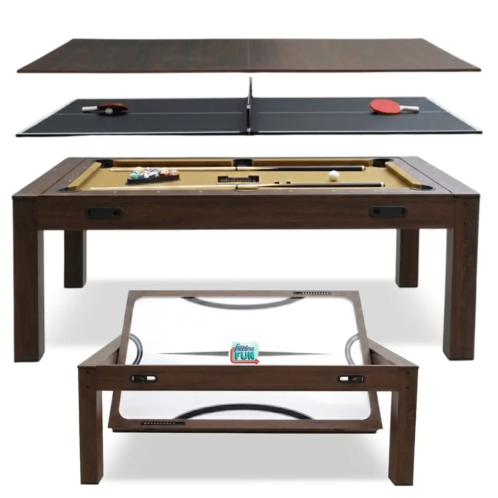 An exploded product view of the Freetime Fun Transformer 7-foot 4-in-1 multi-game table in an espresso finish, showcasing the convertible layers including the dining table top, ping-pong surface, tan felt billiard pool table, and the rotating air hockey table base.