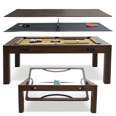 An exploded product view of the Freetime Fun Transformer 7-foot 4-in-1 multi-game table in an espresso finish, showcasing the convertible layers including the dining table top, ping-pong surface, tan felt billiard pool table, and the rotating air hockey table base.