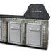 Broil King KA5537 built-in Keg 2000 grill cover shown on a stone outdoor kitchen island with stainless cabinet doors.